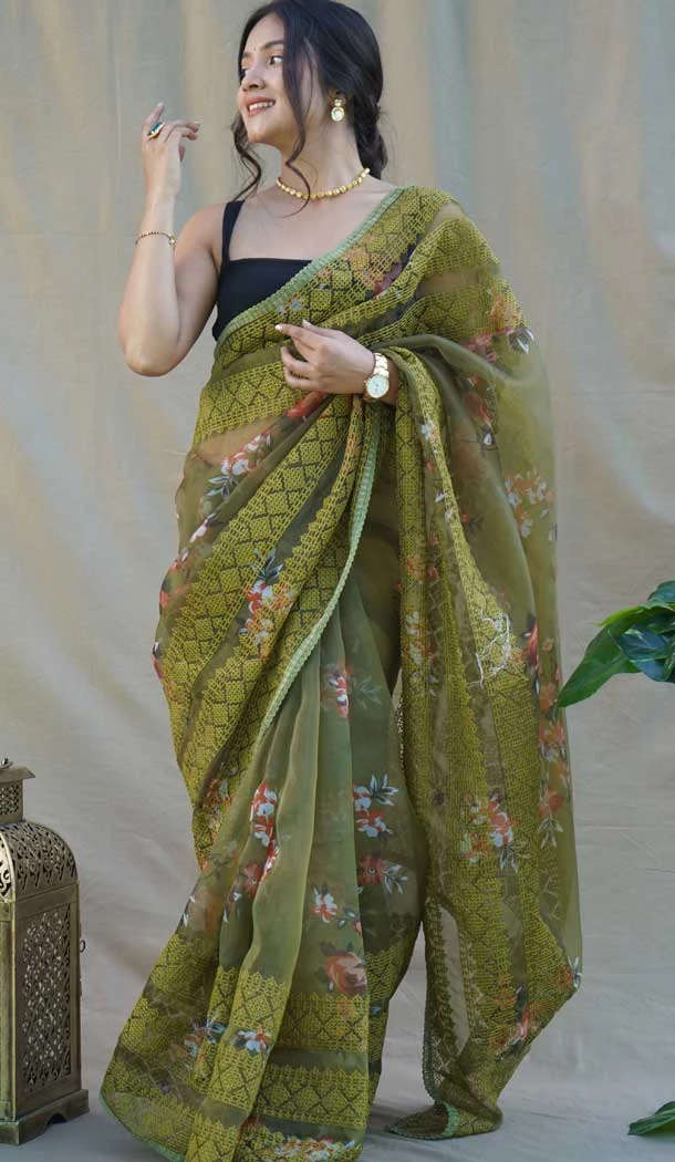 Mehendi Green Color Pure Organza Digital Floral Printed Chikankari Work Party Wear Saree - 7260175136