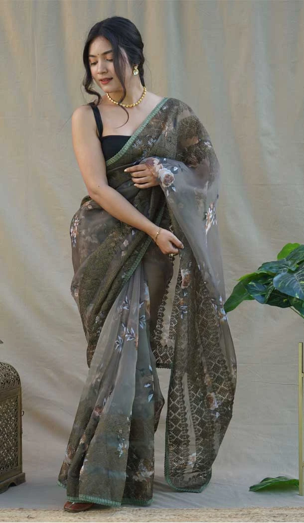 Grey Color Pure Organza Digital Floral Printed Chikankari Work Party Wear Saree - 7260175137