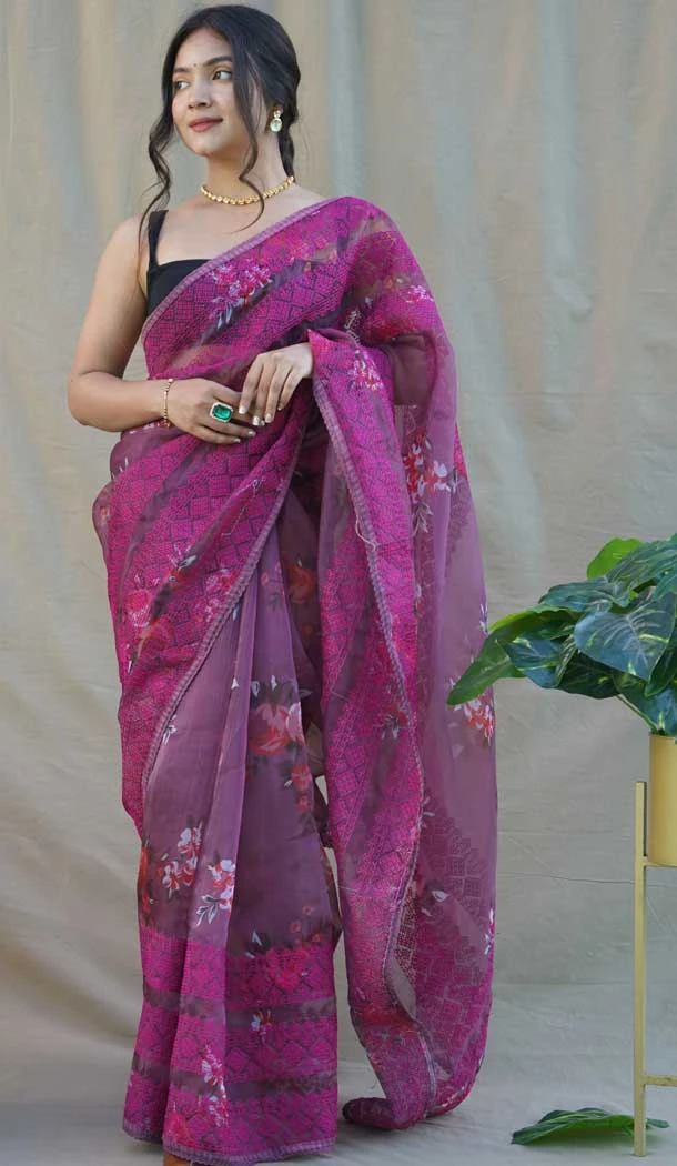 Magenta Color Pure Organza Digital Floral Printed Chikankari Work Party Wear Saree - 7260175138