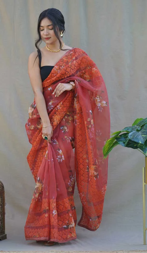 Orange Color Pure Organza Digital Floral Printed Chikankari Work Party Wear Saree - 7260175139