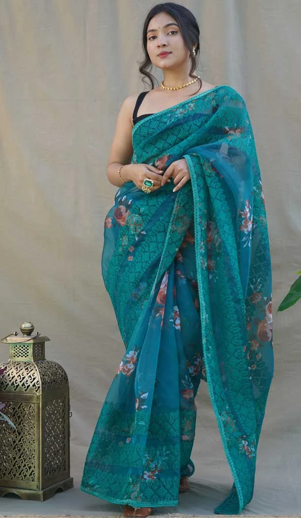 Teal Color Pure Organza Digital Floral Printed Chikankari Work Party Wear Saree - 7260175140