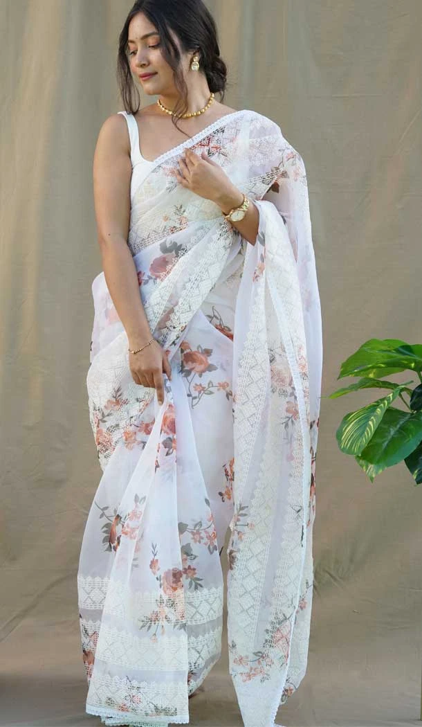 White Color Pure Organza Digital Floral Printed Chikankari Work Party Wear Saree - 7260175141