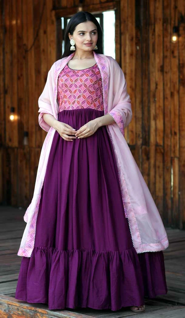 Festival Wear Chinon Sequins Print Work Readymade Gown With Dupatta In Purple - 7265175170