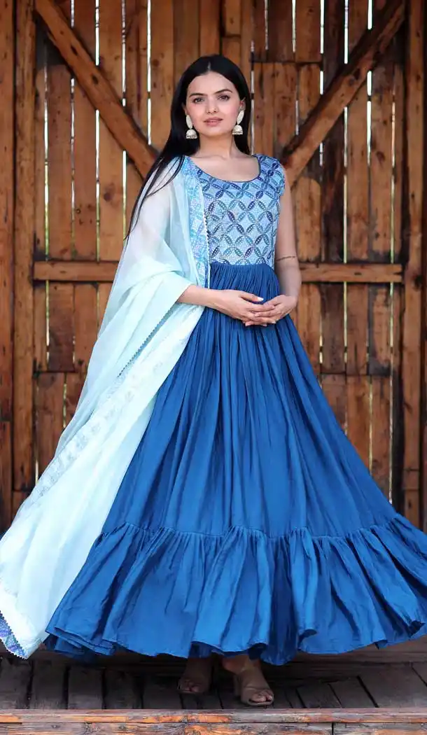 Festival Wear Chinon Sequins Print Work Readymade Gown With Dupatta In Rama - 7265175171