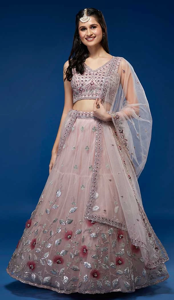 Mauve Color Net Sequins And Zari Work Designer Party Wear Lehenga Choli - 7267175175