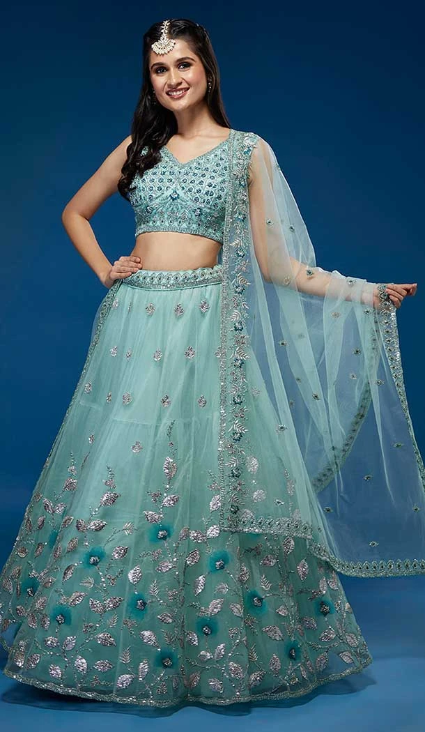 Turquoise Blue Color Net Sequins And Zari Work Designer Party Wear Lehenga Choli - 7267175176