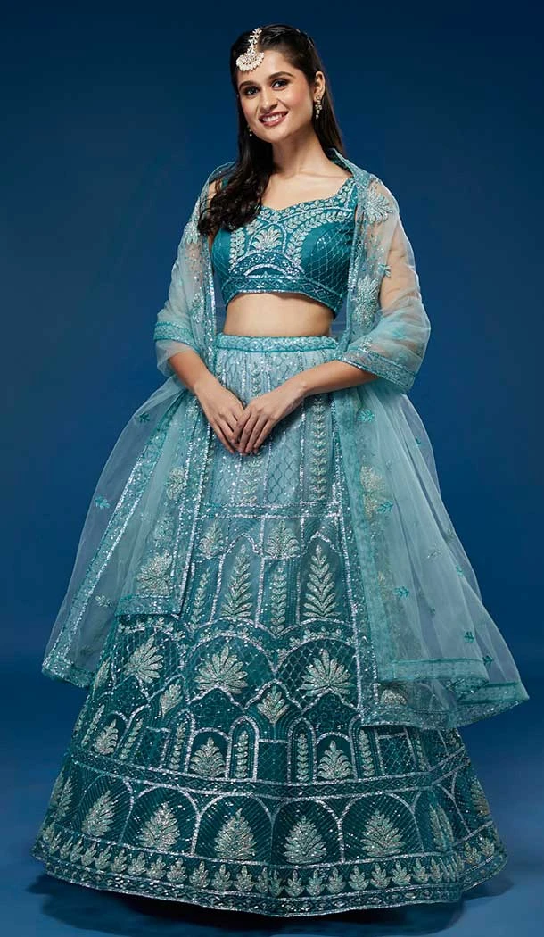 Blue Color Net Sequins And Zari Work Designer Party Wear Lehenga Choli - 7267175177