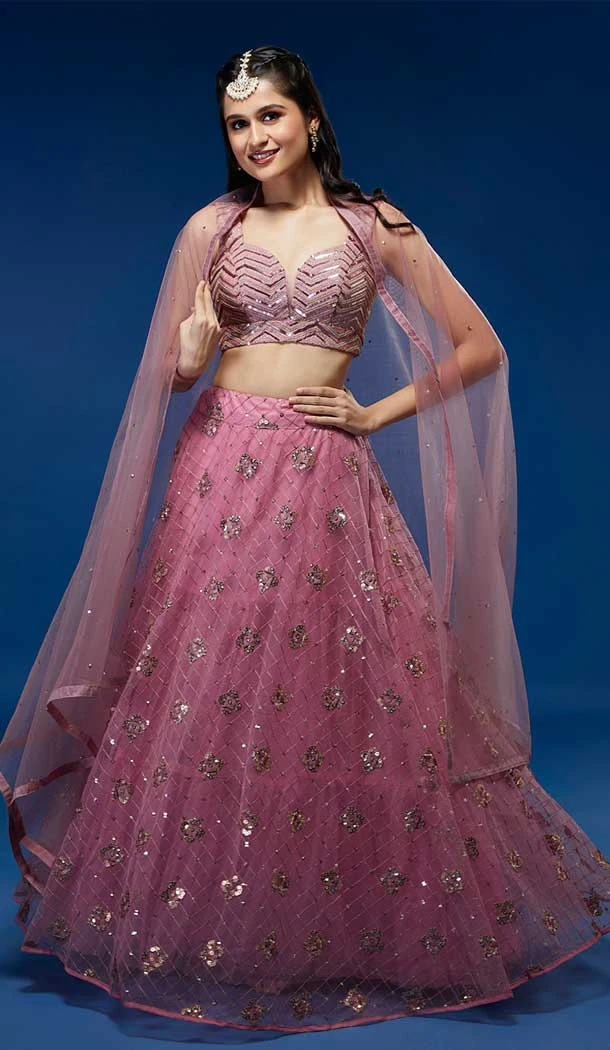 Pink Color Net Sequins And Zari Work Designer Party Wear Lehenga Choli - 7267175180
