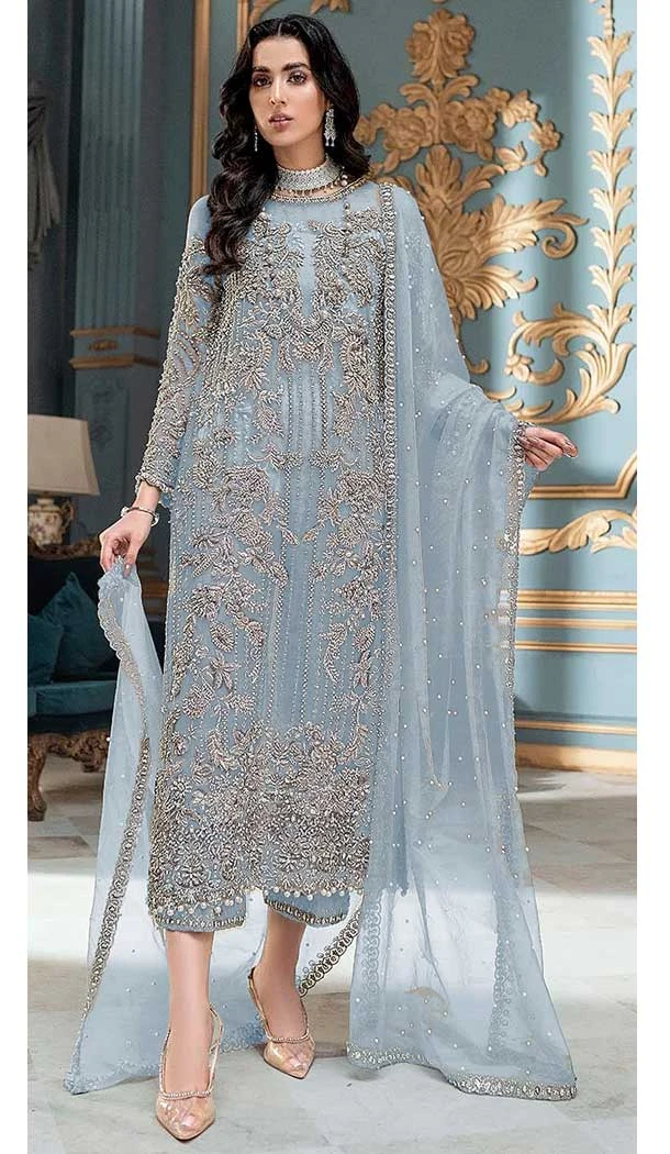 Traditional Function Wear Organza Silk Embroidery Work Pakistani Salwar Suit In Grey - 7273175207