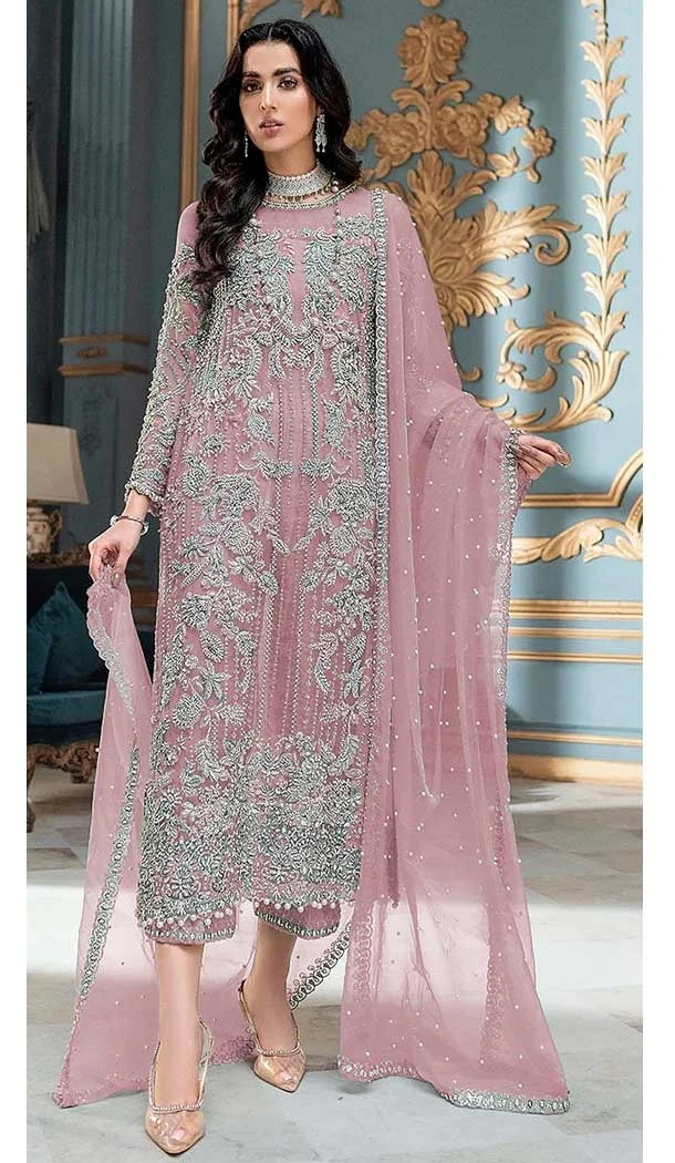 Traditional Function Wear Organza Silk Embroidery Work Pakistani Salwar Suit In Pink - 7273175208