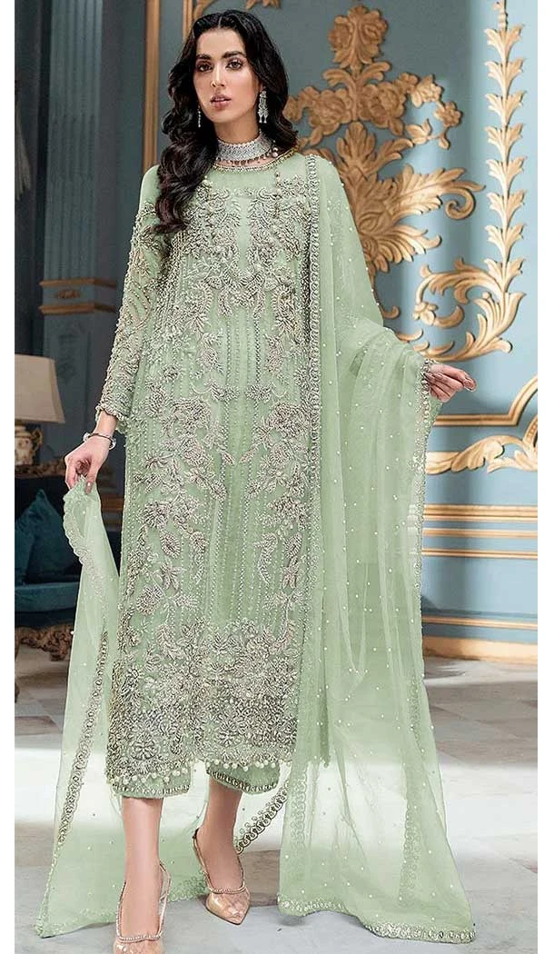 Traditional Function Wear Organza Silk Embroidery Work Pakistani Salwar Suit In Pista - 7273175209