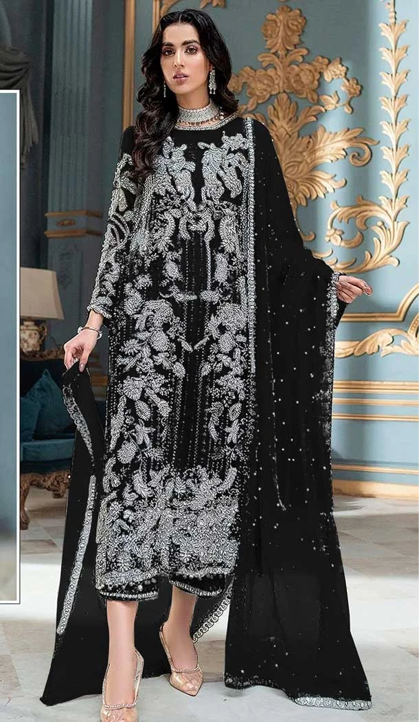 Traditional Function Wear Organza Silk Embroidery Work Pakistani Salwar Suit In Black - 7273175211