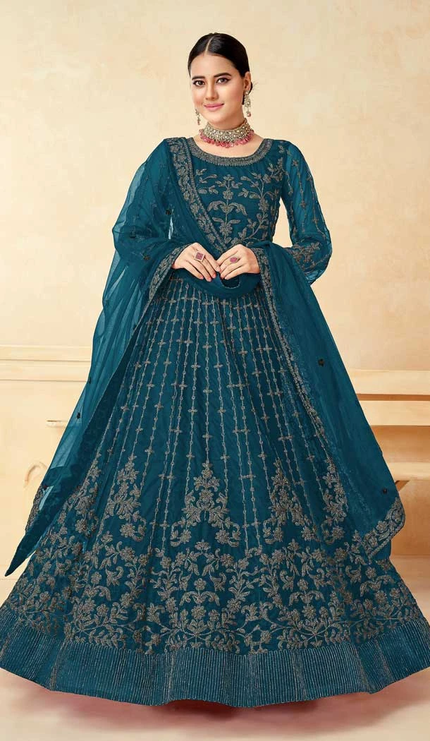 Party Wear Teal Color Net Sequence Embroidery Work Heavy Salwar Suit - 7274175212