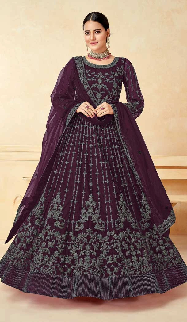 Party Wear Wine Color Net Sequence Embroidery Work Heavy Salwar Suit - 7274175213