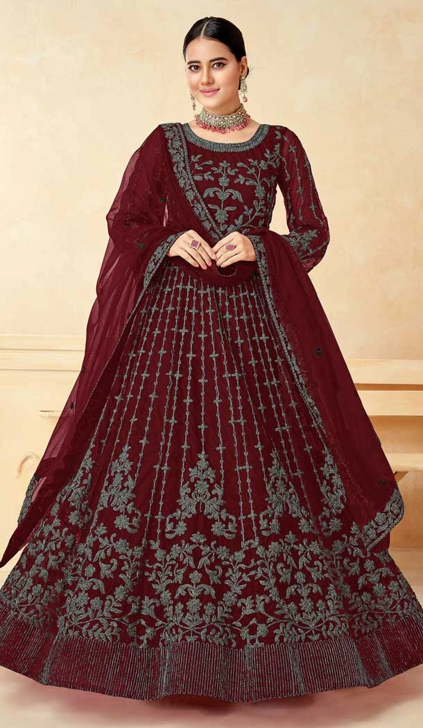 Party Wear Maroon Color Net Sequence Embroidery Work Heavy Salwar Suit - 7274175215