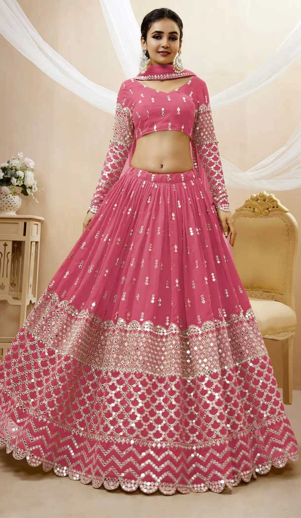 Pink Color Georgette Sequins Embroidery Work Designer Wedding Wear Lehenga Choli - 7275175216