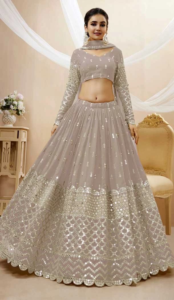Grey Color Georgette Sequins Embroidery Work Designer Wedding Wear Lehenga Choli - 7275175217