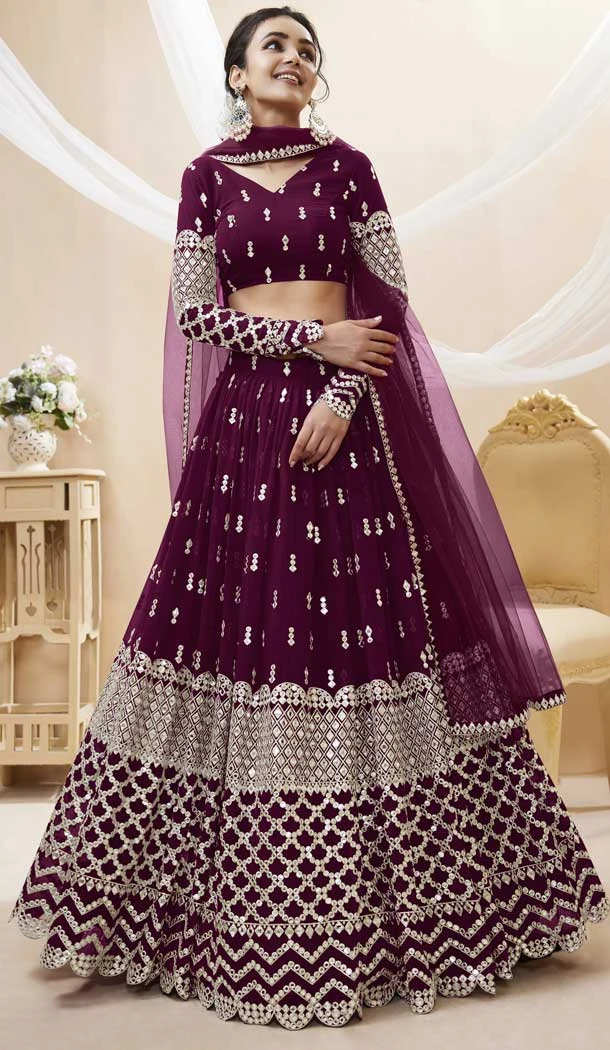 Wine Color Georgette Sequins Embroidery Work Designer Wedding Wear Lehenga Choli - 7275175219
