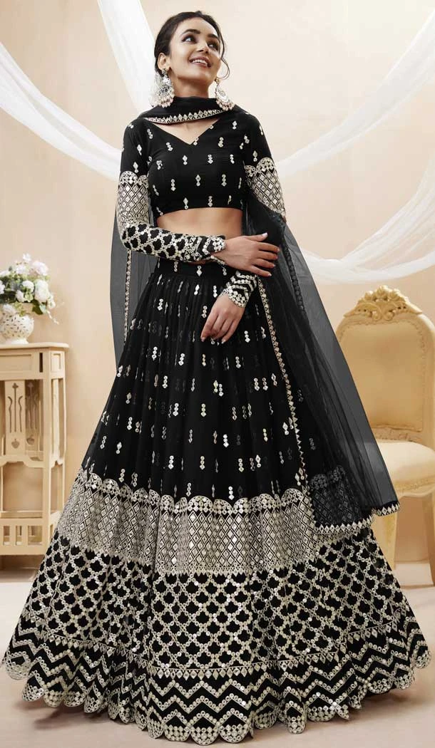 Black Color Georgette Sequins Embroidery Work Designer Wedding Wear Lehenga Choli - 7275175220