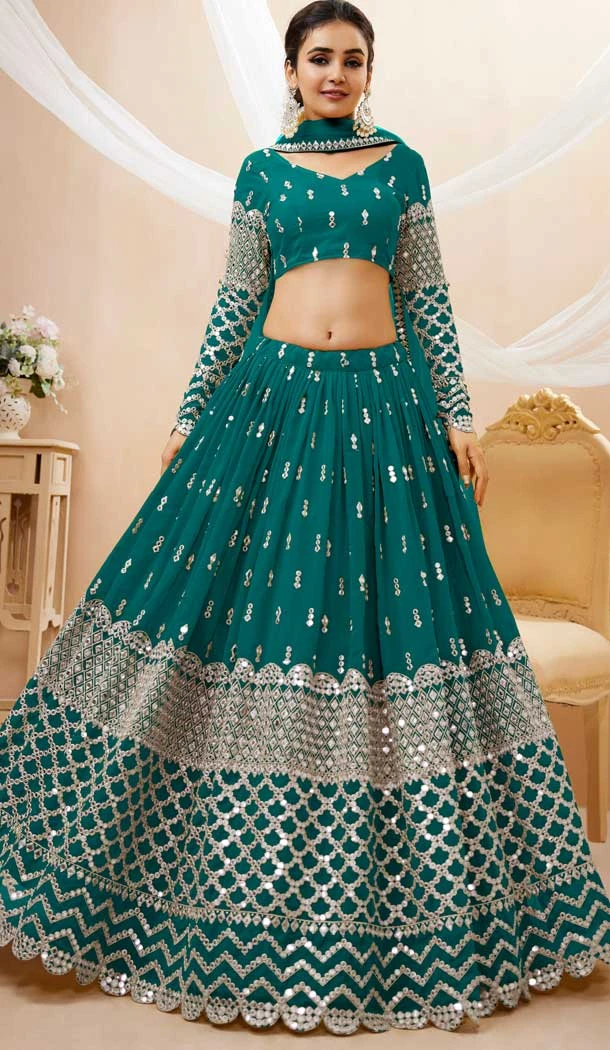 Teal Blue Color Georgette Sequins Embroidery Work Designer Wedding Wear Lehenga Choli - 7275175221