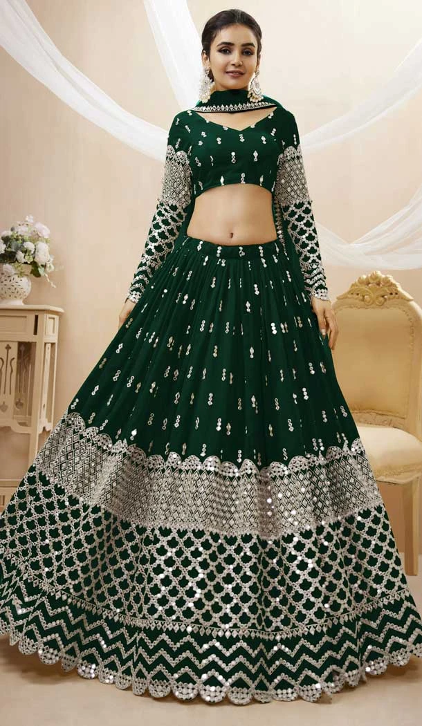 Green Color Georgette Sequins Embroidery Work Designer Wedding Wear Lehenga Choli - 7275175223