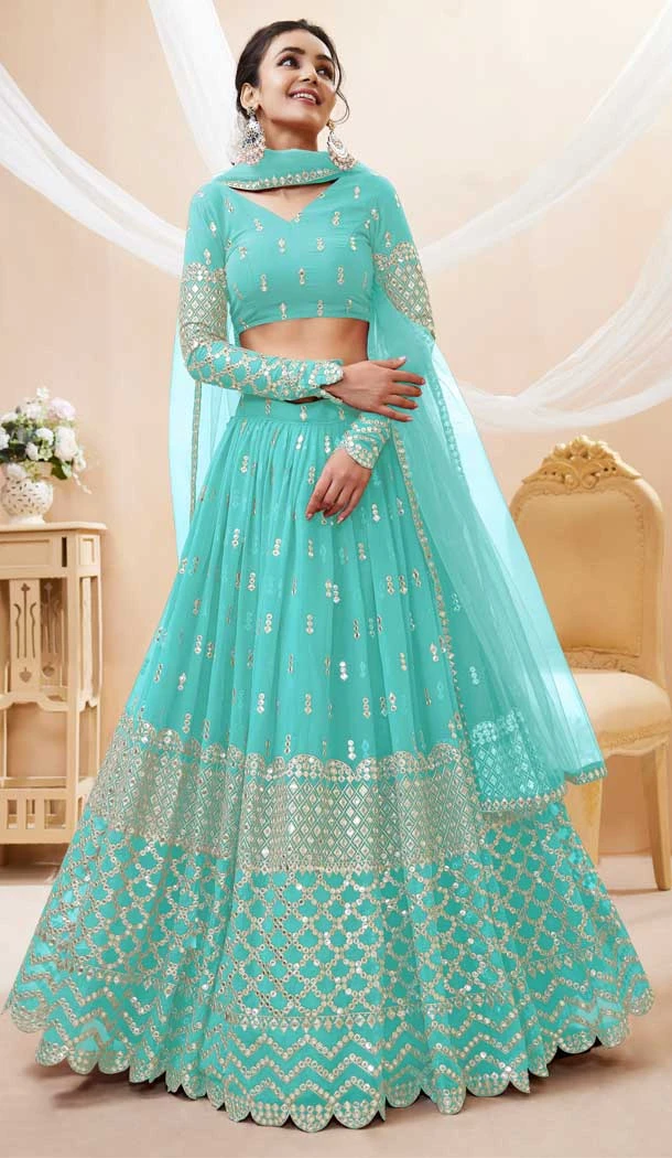 Sky Blue Color Georgette Sequins Embroidery Work Designer Wedding Wear Lehenga Choli - 7275175224