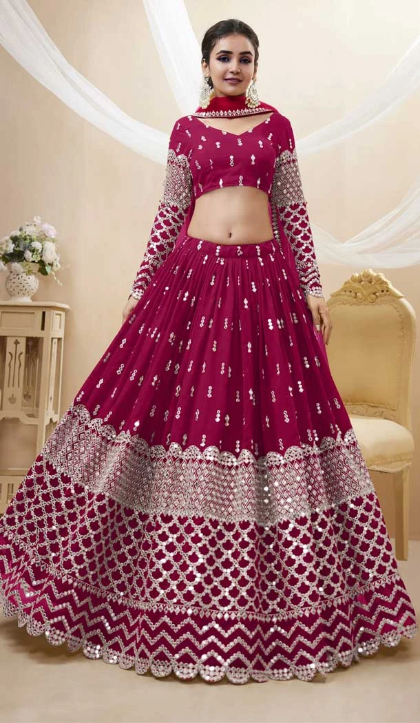 Hot Pink Color Georgette Sequins Embroidery Work Designer Wedding Wear Lehenga Choli - 7275175225
