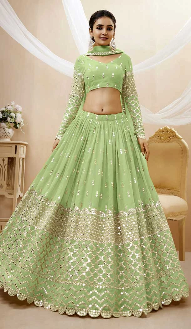 Pista Color Georgette Sequins Embroidery Work Designer Wedding Wear Lehenga Choli - 7275175226