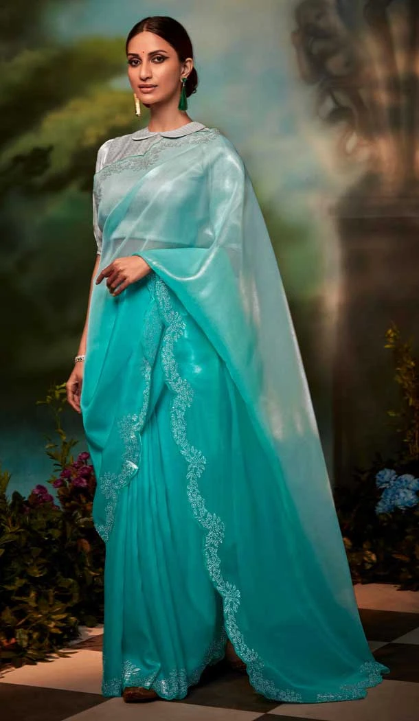 Designer Party Wear Organza Silk Swarovski Stone Work Saree In Sky Blue - 7224174958
