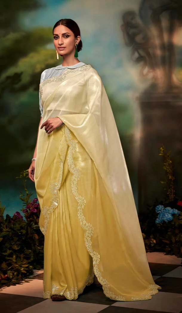 Designer Party Wear Organza Silk Swarovski Stone Work Saree In Light Yellow - 7224174959