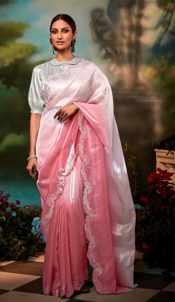 Designer Party Wear Organza Silk Swarovski Stone Work Saree In Light Pink - 7224174960