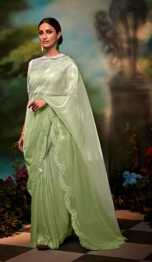 Designer Party Wear Organza Silk Swarovski Stone Work Saree In Pista - 7224174961