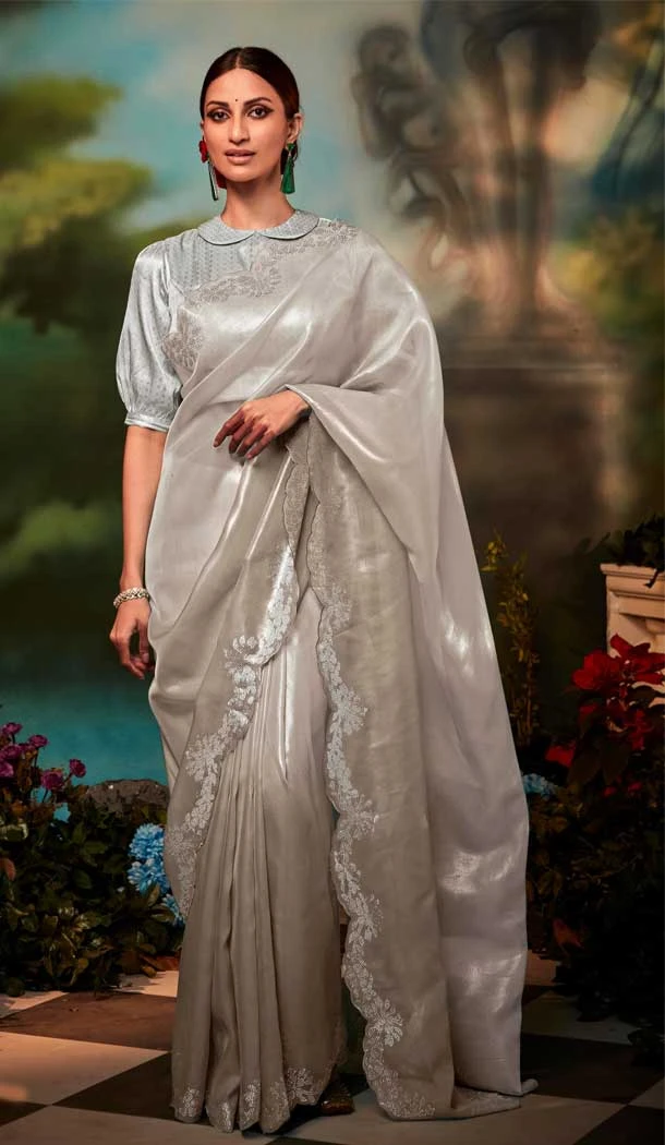 Designer Party Wear Organza Silk Swarovski Stone Work Saree In Grey - 7224174962