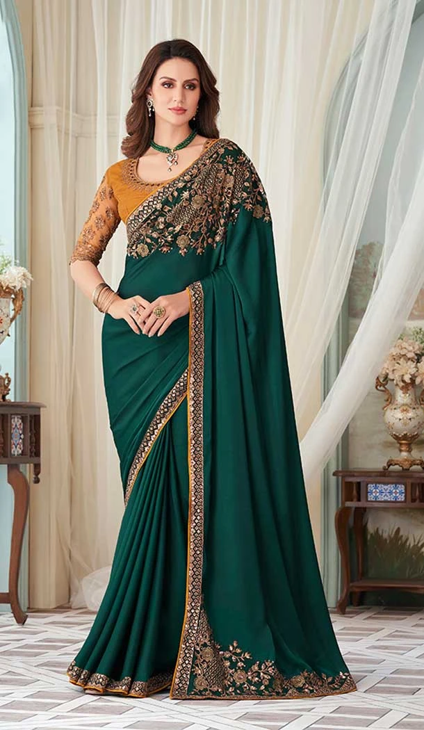 Milano Silk Jacquard Work Green Color Party Function Wear Saree - 7246175074