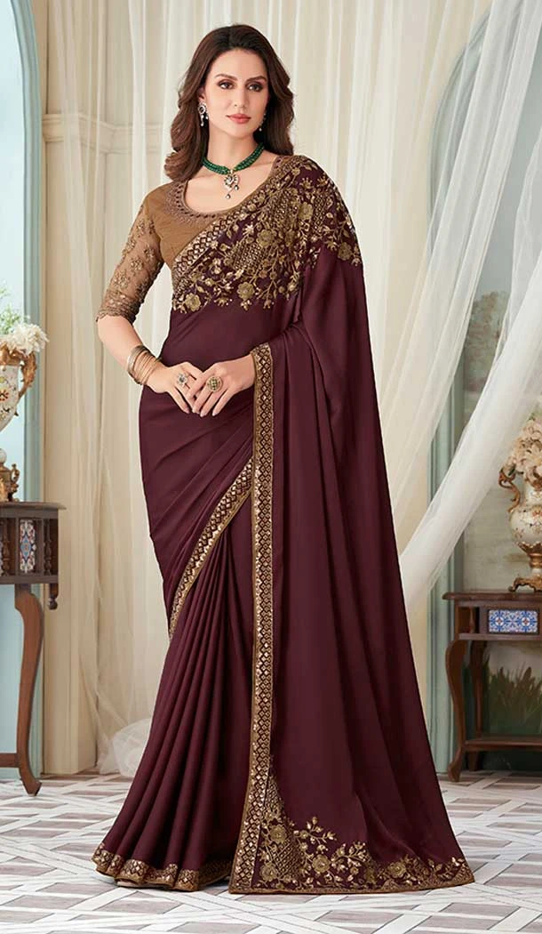 Milano Silk Jacquard Work Brown Color Party Function Wear Saree - 7246175075