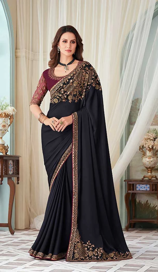Black Color Milano Silk Jacquard Work Party Function Wear Saree - 7246175077