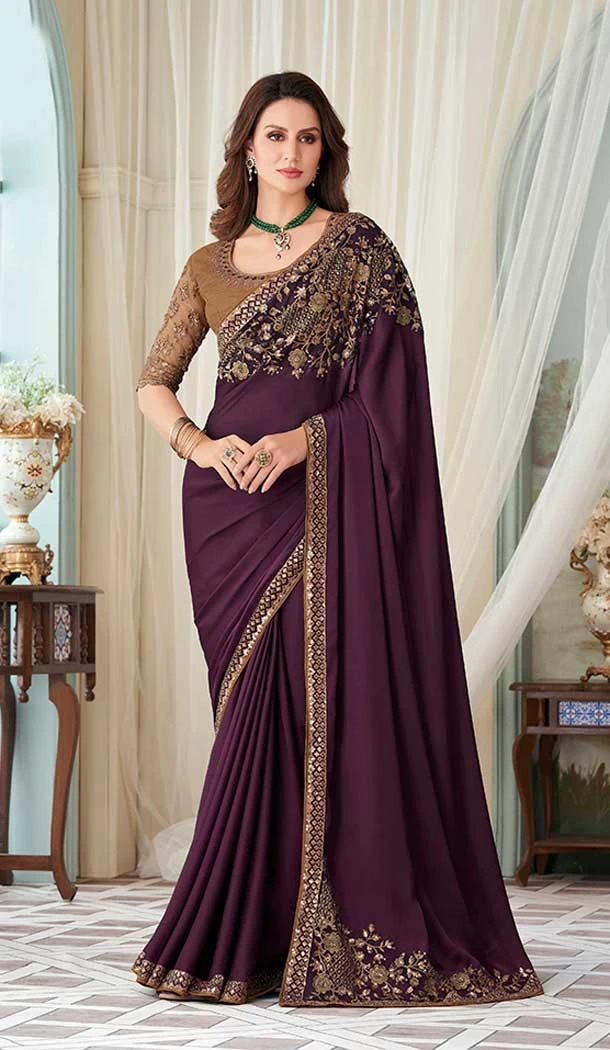 Milano Silk Jacquard Work Wine Color Party Function Wear Saree - 7246175078