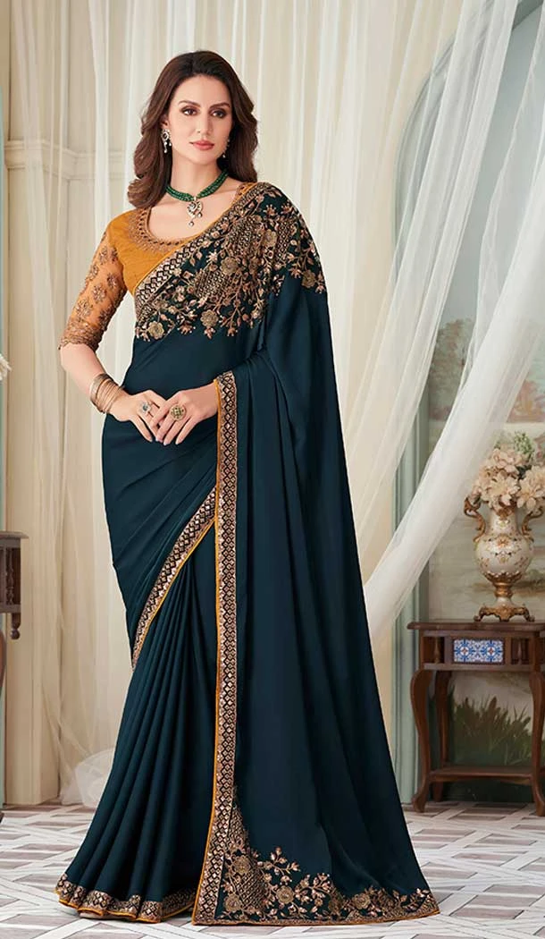 Milano Silk Jacquard Work Teal Color Party Function Wear Saree - 7246175079