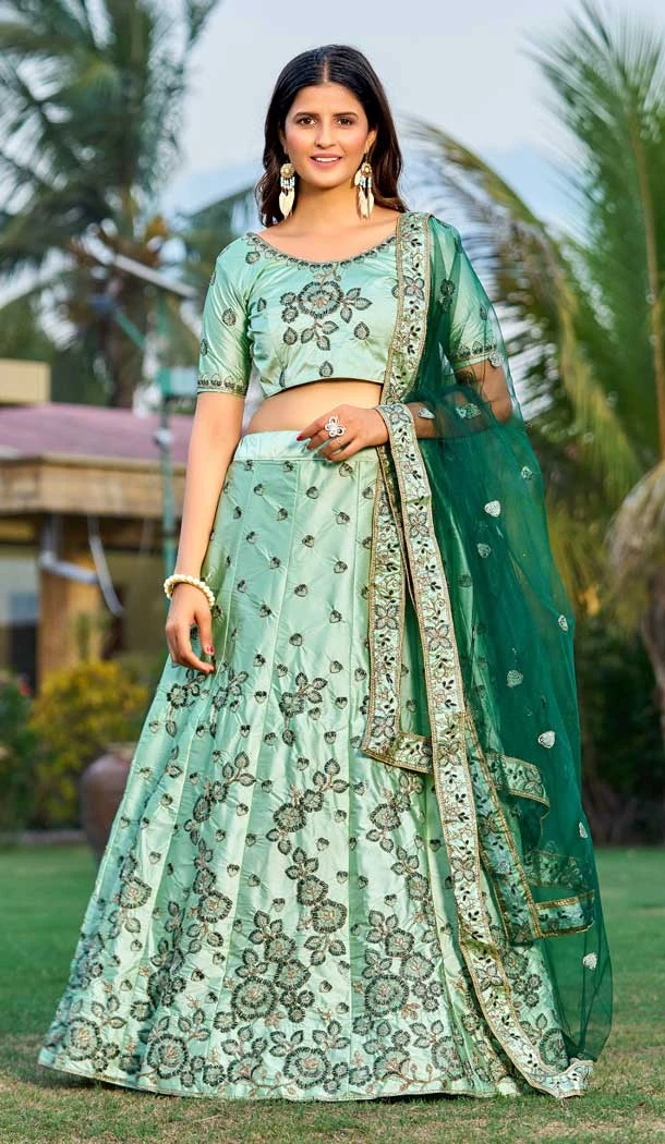 Traditional Party Wear Satin Embroidery Work Heavy Lehenga Choli In Green - 7283175288