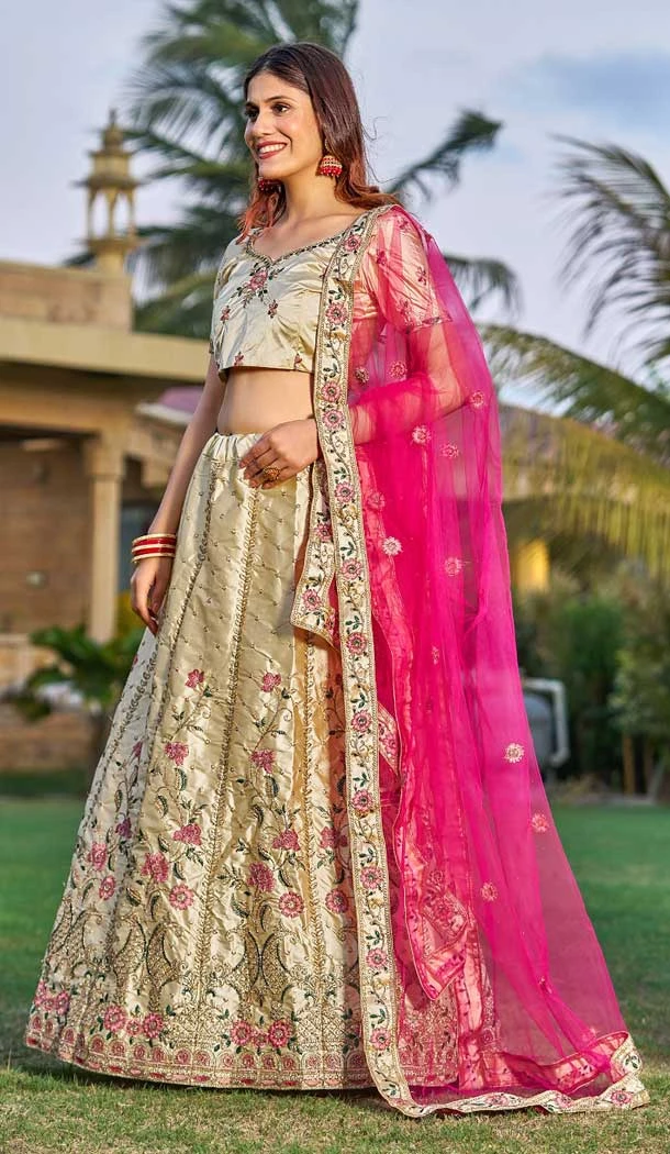 Traditional Party Wear Satin Embroidery Work Heavy Lehenga Choli In Cream - 7283175289