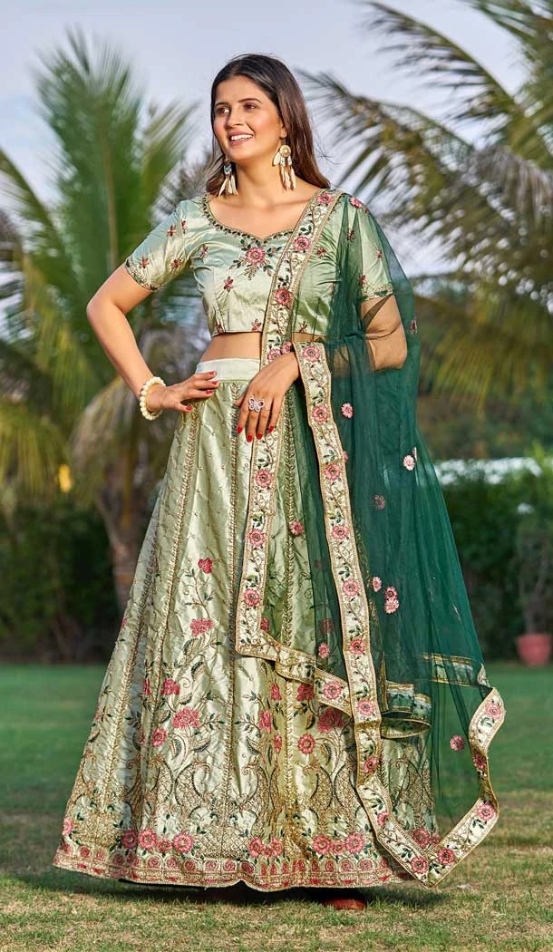 Traditional Party Wear Satin Embroidery Work Heavy Lehenga Choli In Light Green - 7283175290