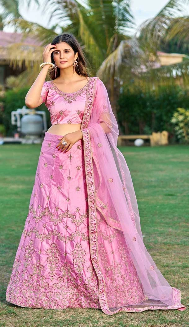 Traditional Party Wear Satin Embroidery Work Heavy Lehenga Choli In Pink - 7283175291