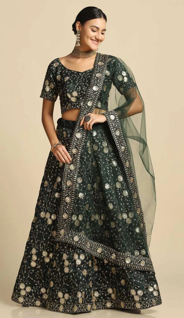 Green Traditional Party Wear Satin Embroidery Work Heavy Lehenga Choli - 7283175292