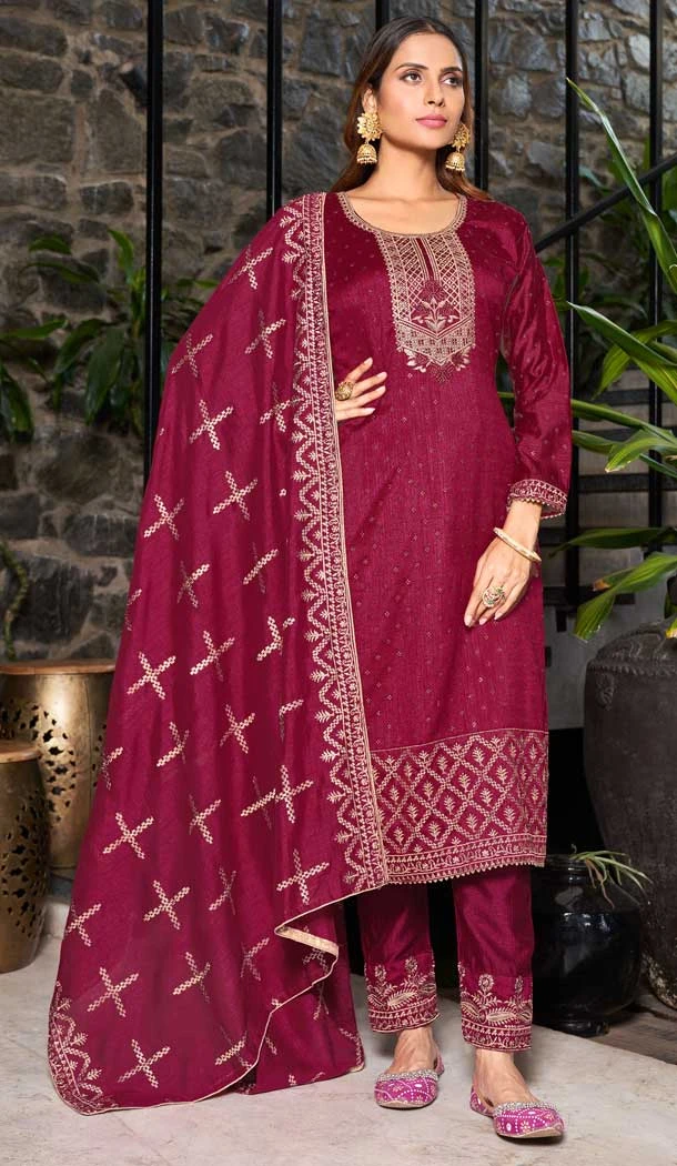 Party Wear Fuchsia Color Blooming Vichitra Embroidery Work Pakistani Salwar Suit -  7284175293