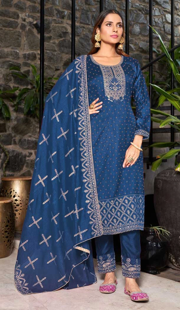 Party Wear Royal Blue Color Blooming Vichitra Embroidery Work Pakistani Salwar Suit -  7284175294
