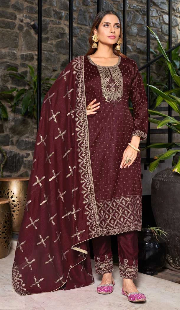 Party Wear Wine Color Blooming Vichitra Embroidery Work Pakistani Salwar Suit -  7284175295