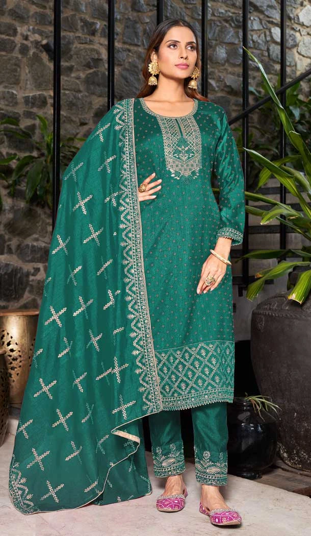 Party Wear Green Color Blooming Vichitra Embroidery Work Pakistani Salwar Suit -  7284175296
