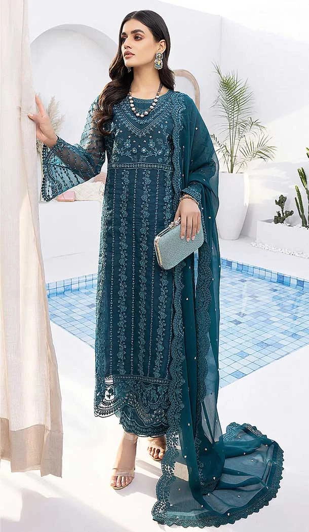 Teal Color Organza Silk Embroidery Work Party Wear Pakistani Salwar Suit - 7285175297