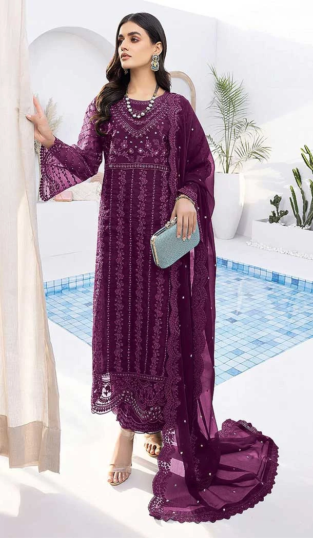 Purple Color Organza Silk Embroidery Work Party Wear Pakistani Salwar Suit - 7285175298