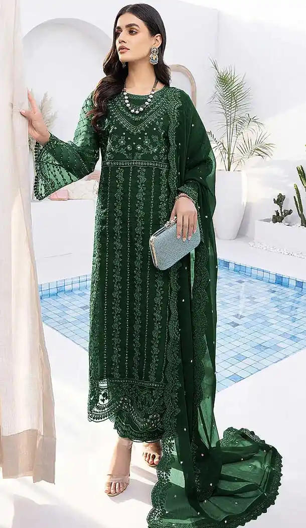 Green Color Organza Silk Embroidery Work Party Wear Pakistani Salwar Suit - 7285175299